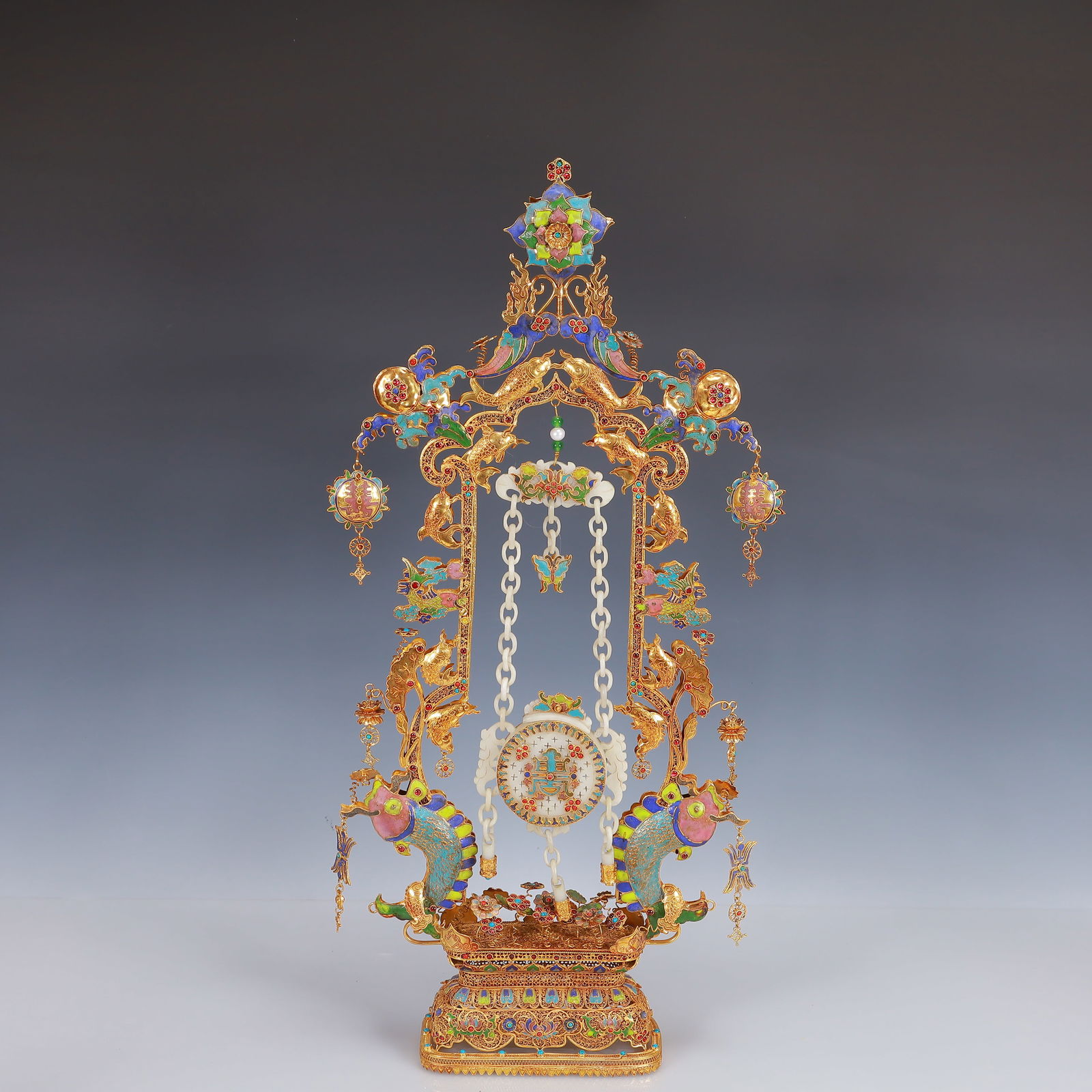 A Huge Filigree and Gilding Inlaid White Jade Double-Ears Vase,Inlaid Gems: A Huge Filigree and Gilding Inlaid White Jade Double-Ears Vase,Inlaid Gems,Qing Dynasty, China,Qianlong Four-Character Mark,Size:11inx3.1inx25.2in,Weight:1650g 