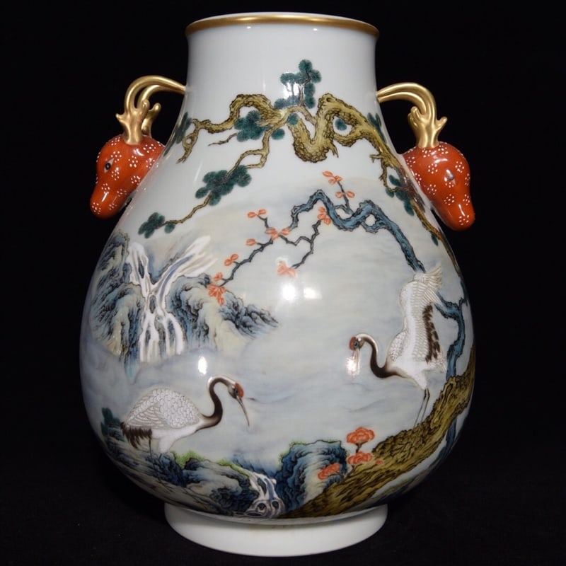 An Exquisite Famille-Rose Pine and Crane Pattern Deer-Ears Vase,with Poem: An Exquisite Famille-Rose Pine and Crane Pattern Deer-Ears Vase,with Poem,Qing Dynasty,China,Qianlong Six-Character Mark,Size:11inx8.5in 粉彩松鹤纹鹿耳瓶