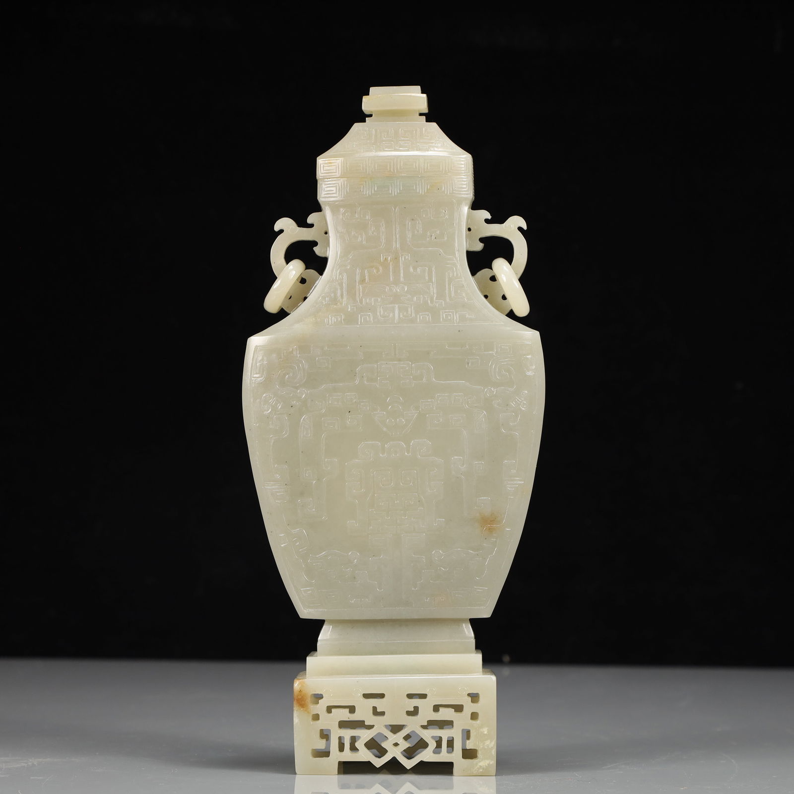 An Exquisite White Jade Altar City Pattern Double-Ears Vase: An Exquisite White Jade Altar City Pattern Double-Ears Vase, Qing Dynasty, China, Size:4.3inx1.6inx9.8in, Weight:1057g
