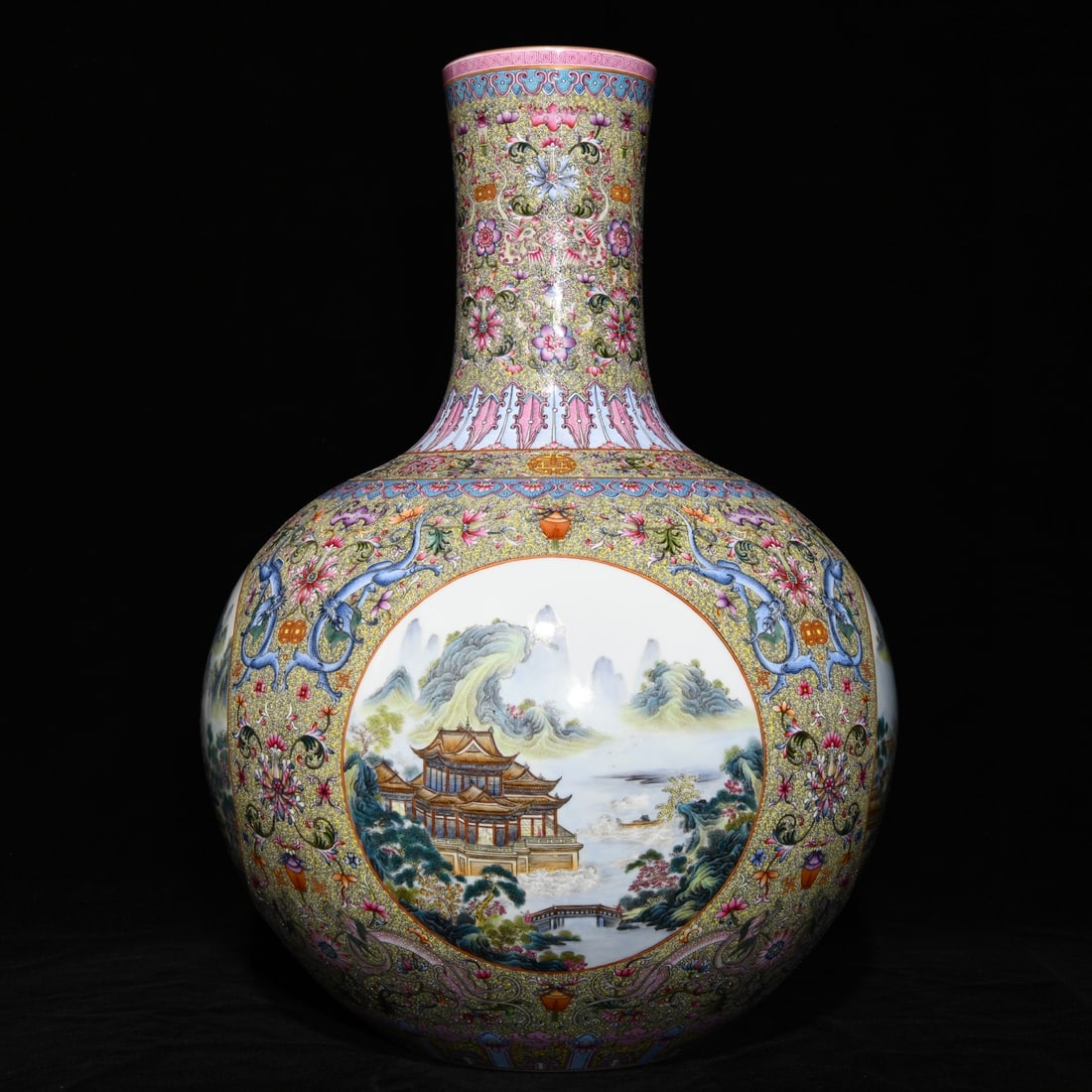 A Huge Enamel Landscape Pattern Vase: A Huge Enamel Landscape Pattern Vase,Qing Dynasty,China,Qianlong Six-character Mark,Size:20.9inx14.6in 珐琅彩山水纹瓶,中国清代,乾