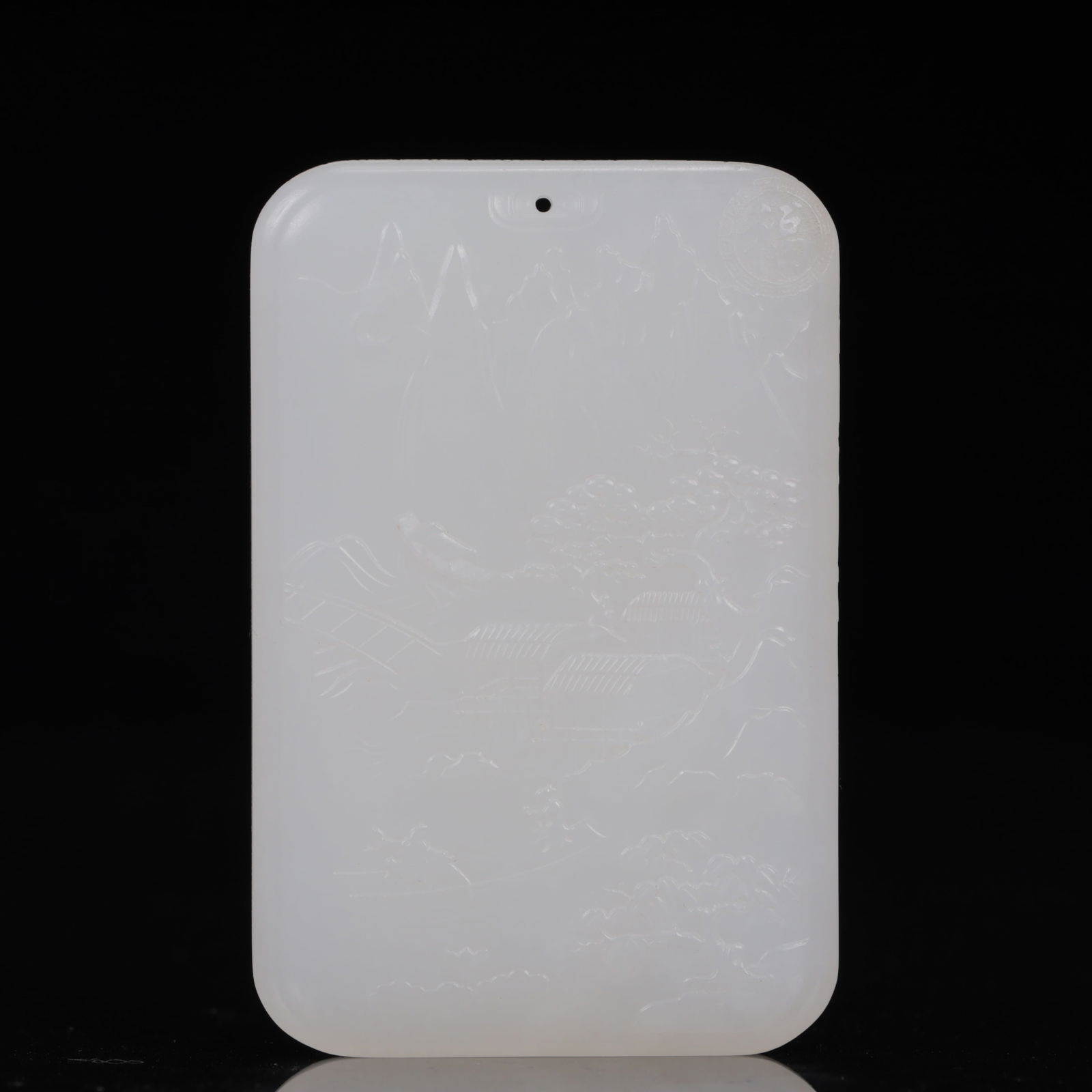 An Exquisite White Jade Landscape and Figure Pattern Pendant: An Exquisite White Jade Landscape and Figure Pattern Pendant,Qing Dynasty, China,Size:1.8inx0.4inx2.8in,Weight:97g 白玉山水人物纹牌,中国