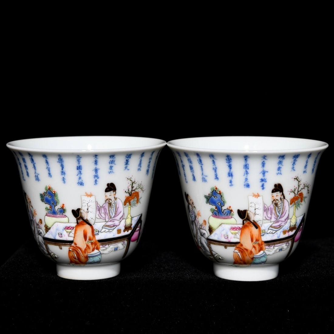 A Pair of Exquisite Blue and White Famille-Rose Character and Story Pattern Cups,with poem: A Pair of Exquisite Blue and White Famille-Rose Character and Story Pattern Cups,with poem,Qing Dynasty,China,Yongzheng Six-character Mark,Size:2inx2.5in 