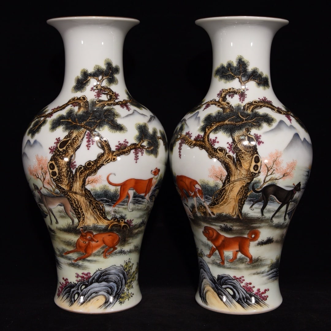 A Pair of Rare Enamel Dog Pattern Vases: A Pair of Rare Enamel Dog Pattern Vases,Qing Dynasty,China,Qianlong Six-Character Mark,Size:14.6inx7.1in 