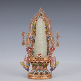 An Exquisite Filigree and Gilding Inlaid White Jade Statue of Avalokitesvara,Inlaid Gems