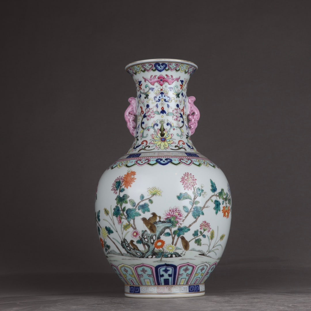 An Exquisite Famille-Rose Flower and Bird Pattern Double-Ears Vase: An Exquisite Famille-Rose Flower and Bird Pattern Double-Ears Vase,Qing Dynasty,China,Qianlong Six-character Mark,Size:13inx7.3in 