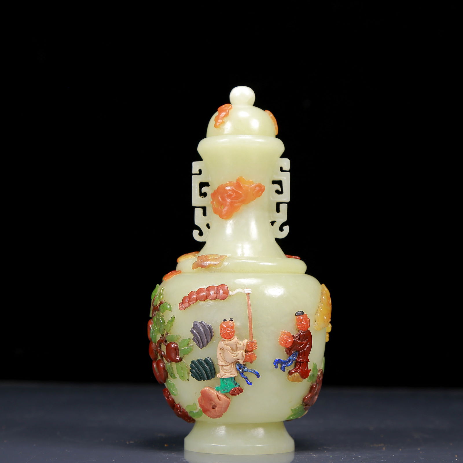 An Exquisite Greenish Jade Inlaid Gems Figure and Flower and Bird Pattern Bottle: An Exquisite Greenish Jade Inlaid Gems Figure and Flower and Bird Pattern Bottle,Qing Dynasty, China,Size:3.1inx7.1in,Weight:380g 