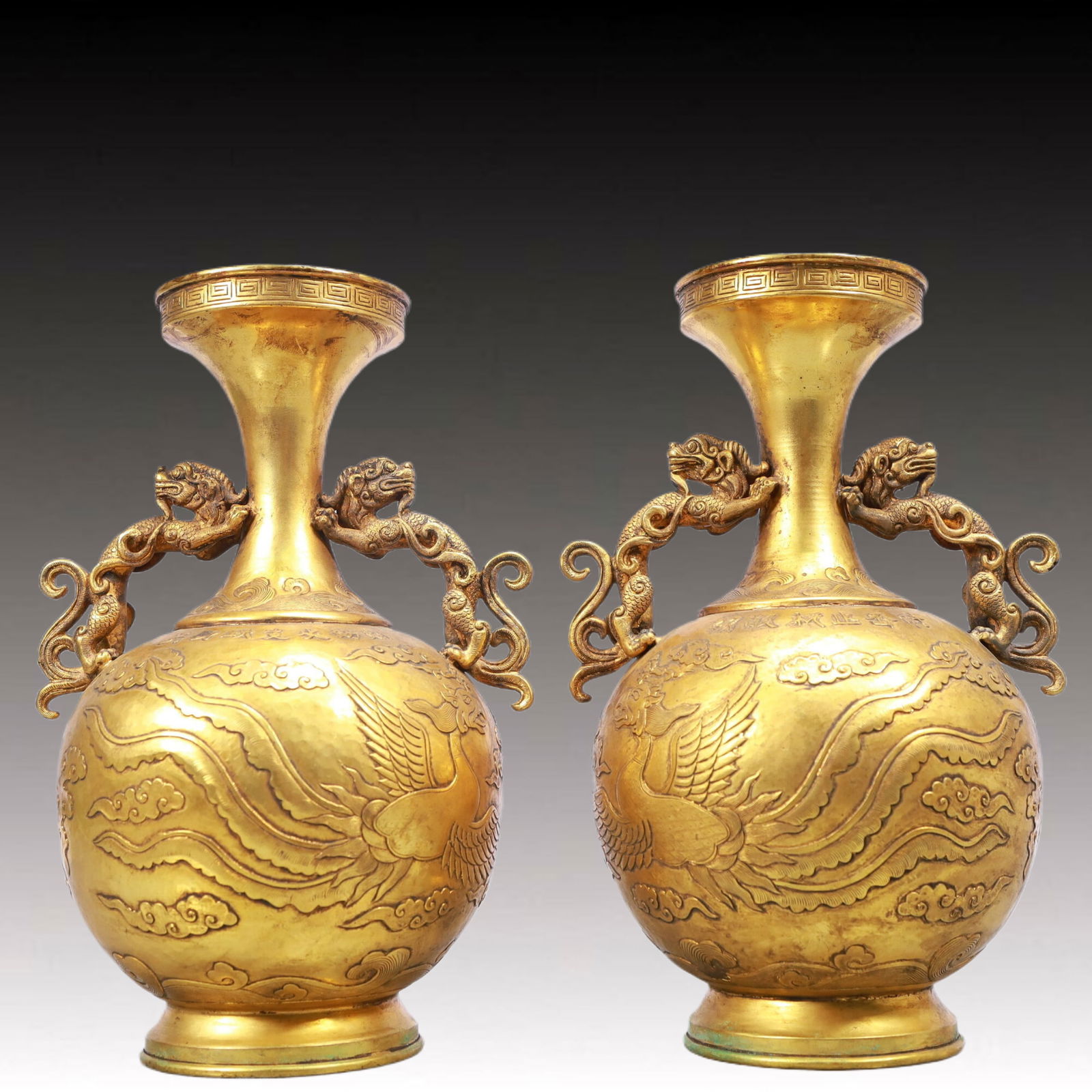 A Pair of Rare Gilt Bronze Phoenix Pattern Dragon-Ears Vases (1 of 11)