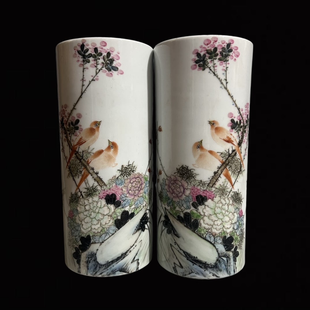 A Pair of Exquisite Light Crimson Color Flower and Bird Pattern Hatstands,with poem: A Pair of Exquisite Light Crimson Color Flower and Bird Pattern Hatstands,with poem,Qing Dynasty,China,With Mark,Size:10.4inx4.7in