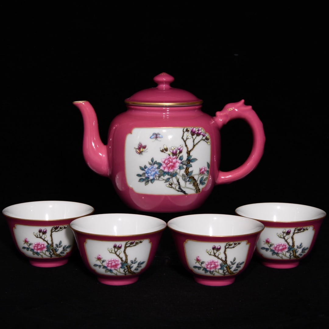 A Set of Fine Ruby Red-Glazed Famille-Rose Flower and Bird Pattern Teapot,with Cups: A Set of Fine Ruby Red-Glazed Famille-Rose Flower and Bird Pattern Teapot,with Cups,Qing Dynasty,China,Yongzheng Four-character Mark,Size:4.7inx6.9in 