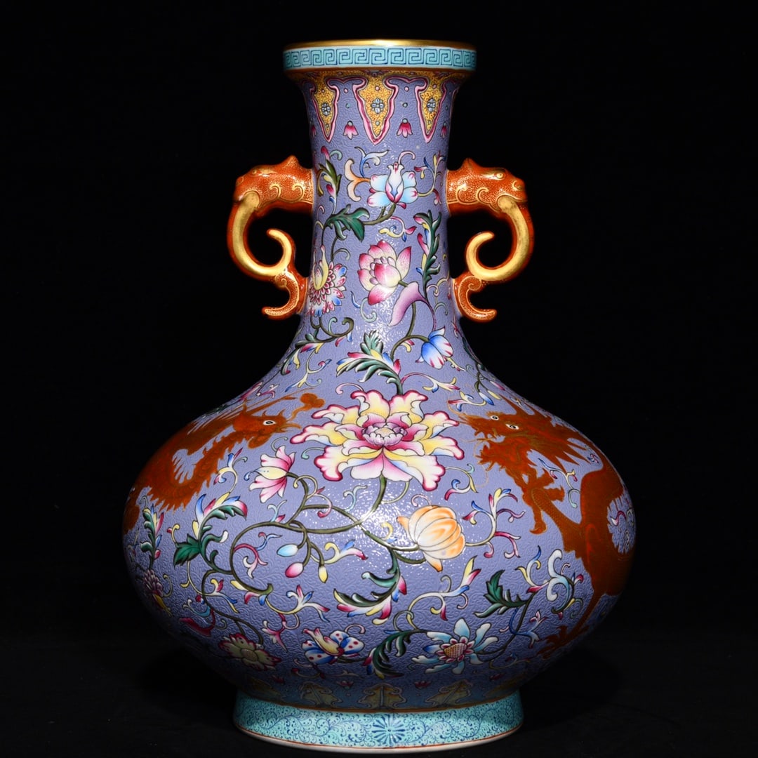 An Exquisite Famille-Rose Painted Gold Dragon and Phoenix Pattern Elephant-Ears Vase (1 of 9)