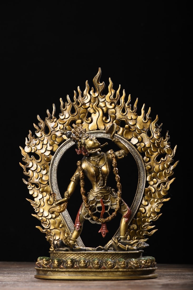 A Solemn Bronze Painted Color Statue of Dakini: A Solemn Bronze Painted Color Statue of Dakini,Qing Dynasty,China,Size:14.2inx10.6inx4.7in,Weight:2545g 铜彩绘空行母像,中国清代