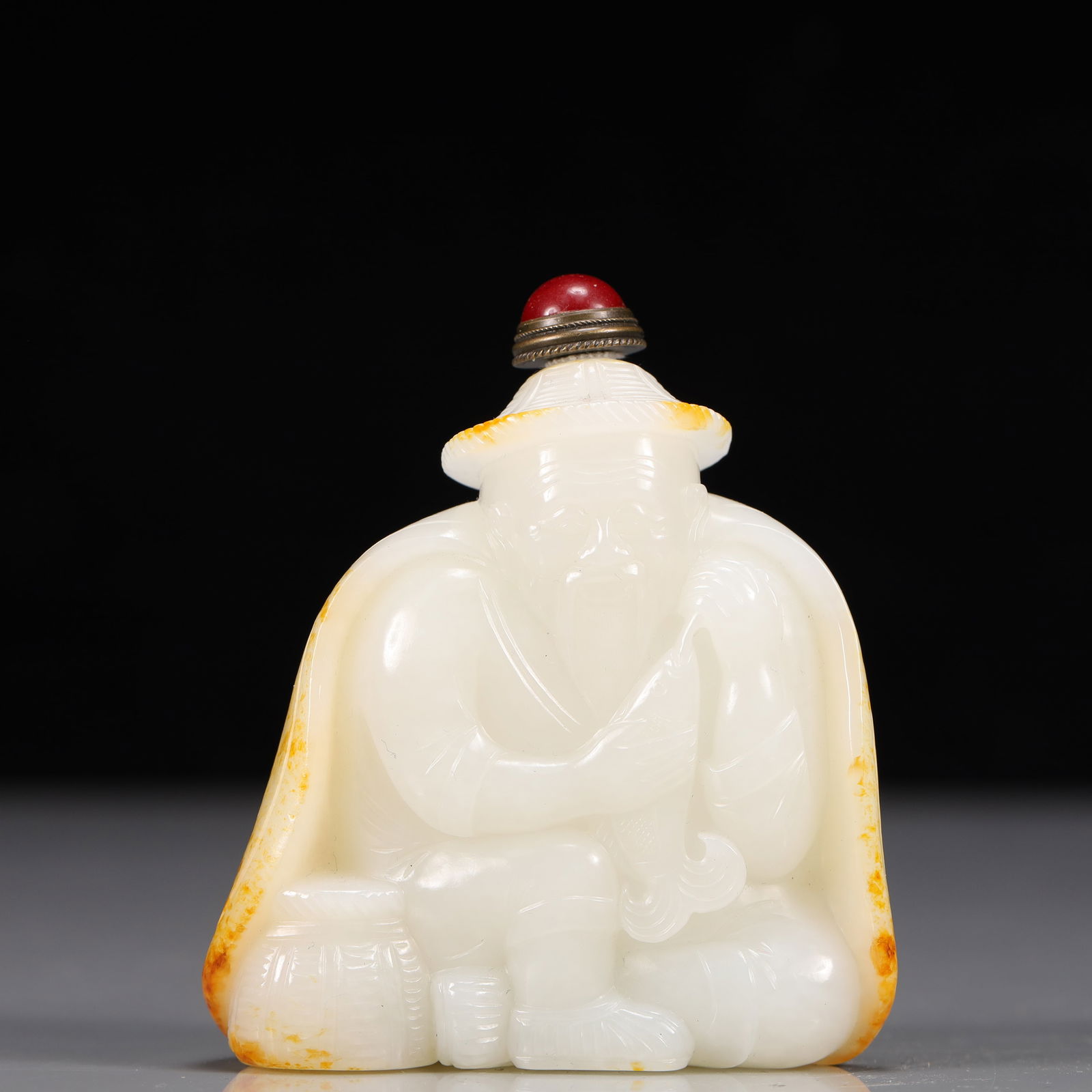 An Exquisite White Jade Character-Shaped Snuff Bottle, Inlaid Gems: An Exquisite White Jade Character-Shaped Snuff Bottle, Inlaid Gems, Qing Dynasty, China, Size:2.8inx1.2inx3.1in, Weight:191g 精美的白玉人物形鼻
