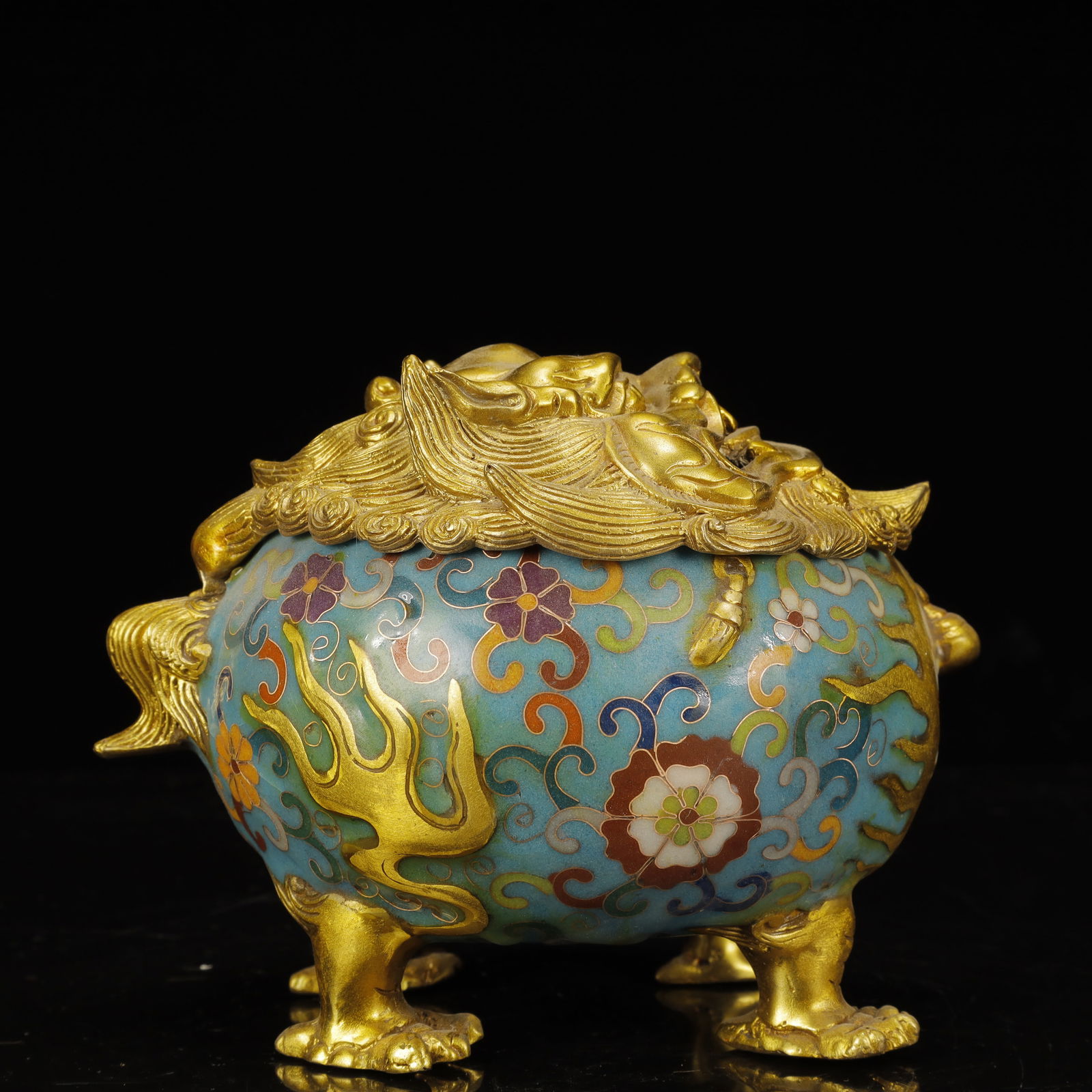 An Ecmxquisite Cloisonne Flower Beast-Face Pattern Beast-Legs Censer: An Exquisite Cloisonne Flower Beast-Face Pattern Beast-Legs Censer,Ming Dynasty, China,Xuande Four-character Mark,Size:7.1inx5.5inx5.5in,Weight:1500g 