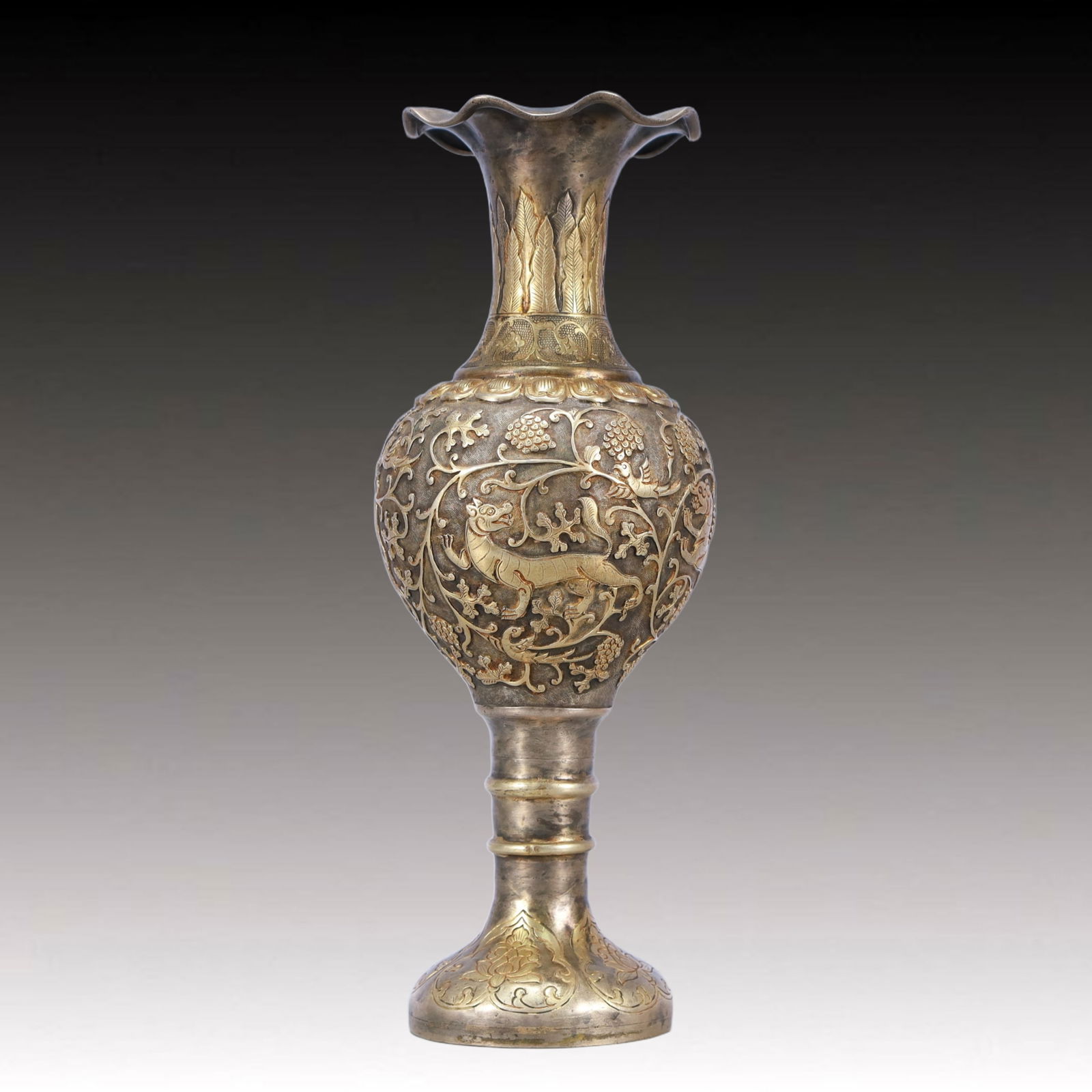 A Rare Gilt Silver Auspicious Beast Pattern Vase - 2
