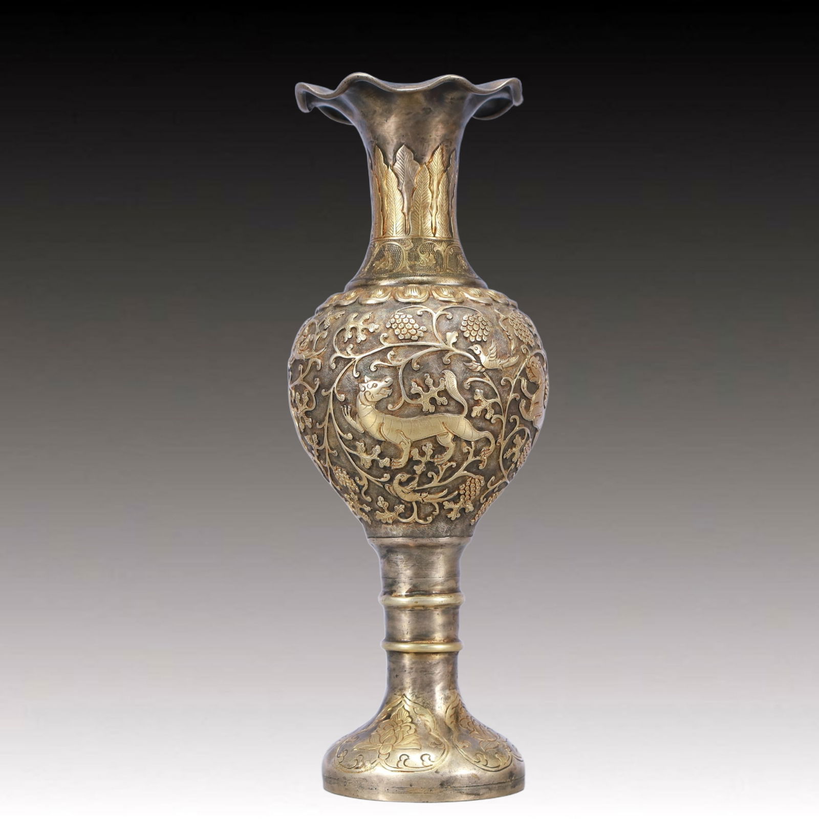 A Rare Gilt Silver Auspicious Beast Pattern Vase - 4