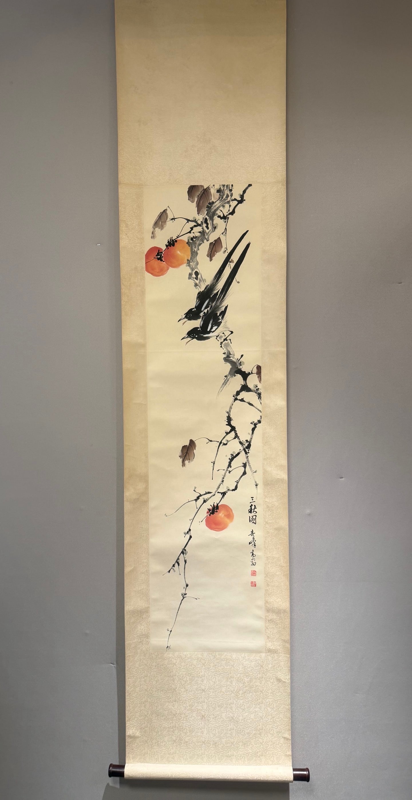 A Chinese Vertical Scroll Ink Painting of Landscape on Paper: A Chinese Vertical Scroll Ink Painting of Landscape on Paper,Gao Qifeng,Size:53.5inx13in 