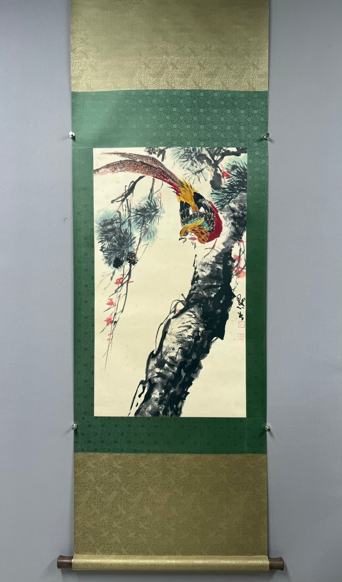 A Chinese Vertical Scroll Ink Painting of Flower and Rooster on Paper: A Chinese Vertical Scroll Ink Painting of Flower and Rooster on Paper,Jin Moru,Size:33.5inx18.9in 