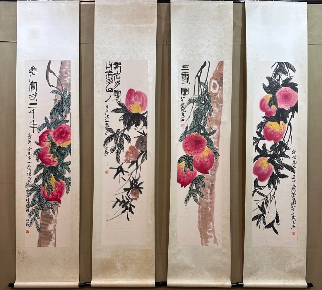 A Set of Chinese Vertical Scroll Ink Painting of Peach on Paper: A Set of Chinese Vertical Scroll Ink Painting of Peach on Paper,Qi Baishi,Size:13.4inx53.9in 