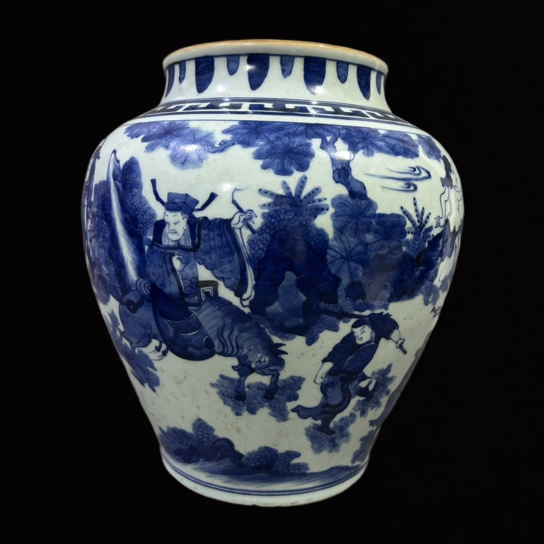 An Exquisite Blue and White Character and Story Pattern Jar: An Exquisite Blue and White Character and Story Pattern Jar,Qing Dynasty,China,Size:11.4inx7.5in