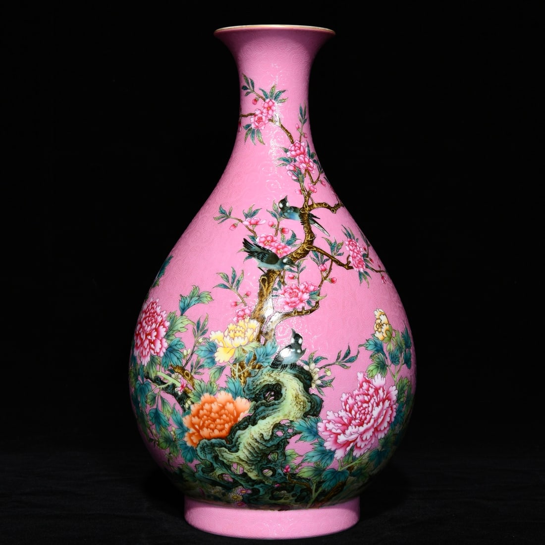 A Rare Famille-Rose Flower and Bird Pattern Vase,with poem: A Rare Famille-Rose Flower and Bird Pattern Vase,with poem,Qing Dynasty,China,Yongzheng Six-character Mark,Size:13.5inx7.7in 粉彩花鸟纹瓶,带诗文,&