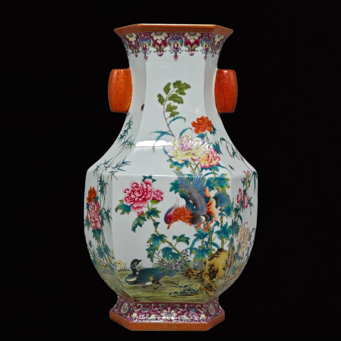 An Exquisite Enamel Flower and Mandarin Duck Pattern Double-Ears Vase,with poem (1 of 9)
