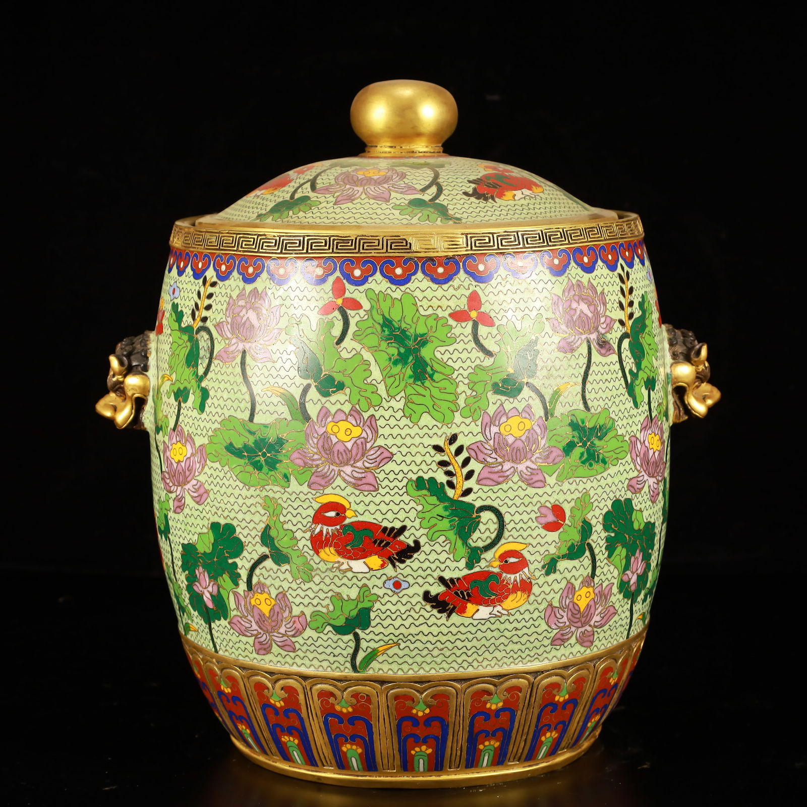 A Rare Cloisonne Lotus and Mandarin Duck Pattern Beast-Ears Jar with Cover (1 of 10)