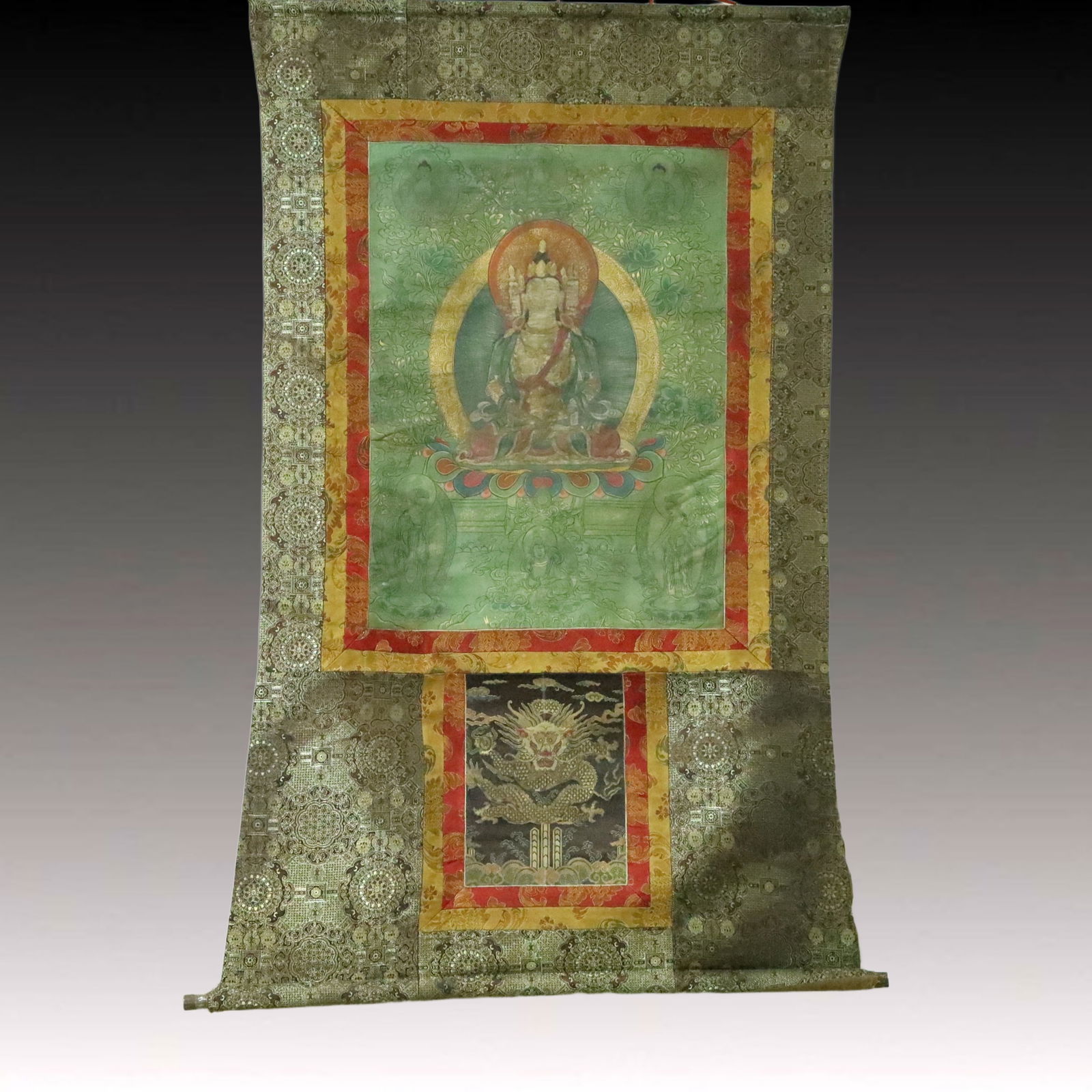 A Rare Brocade Painted Color Statue of Sakyamuni Tangka: A Rare Brocade Painted Color Statue of Sakyamuni Tangka,Qing Dynasty, China,Size:36.2inx57.1in 