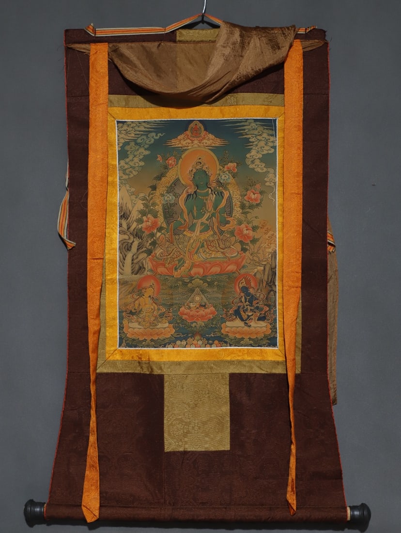 A Rare Brocade Painted Color Statue of Tara Tangka: A Rare Brocade Painted Color Statue of Tara Tangka,Qing Dynasty, China,Size:34.6inx18.1in,(Without frame)16.5inx11in 