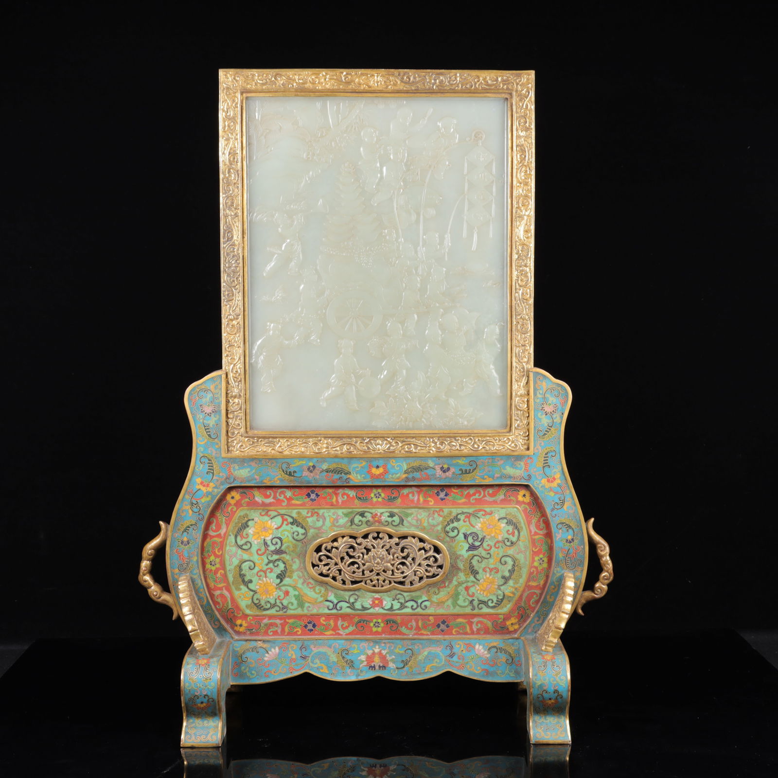 An Exquisite Cloisonne Inlaid White Jade Figure Pattern Table Screen,with poem: An Exquisite Cloisonne Inlaid White Jade Figure Pattern Table Screen,with poem,Qing Dynasty, China,Size:23.2inx17.3inx7.1in,Weight:6150g 