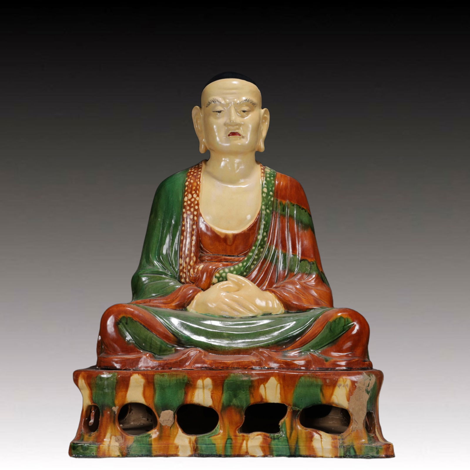 An Rare Liao Tri-Color Glazed Pottery Statue of Arhat: An Rare Liao Tri-Color Glazed Pottery Statue of Arhat,Liao Dynasty,China,Size:24inx15inx31.5in,Weight:24950g 辽三彩罗汉像,中国辽代
