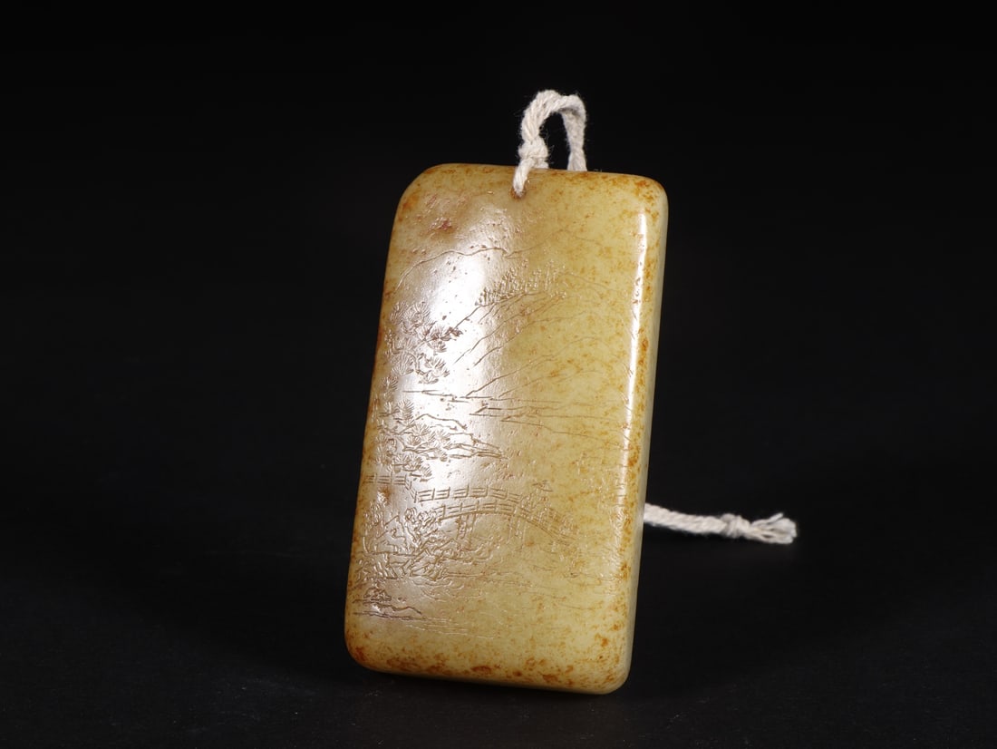 An Exquisite White Jade Landscape Pattern Pendant,with poem: An Exquisite White Jade Landscape Pattern Pendant,with poem,Qing Dynasty,China,Size:3.3inx1.8inx0.6in,Weight:151g 