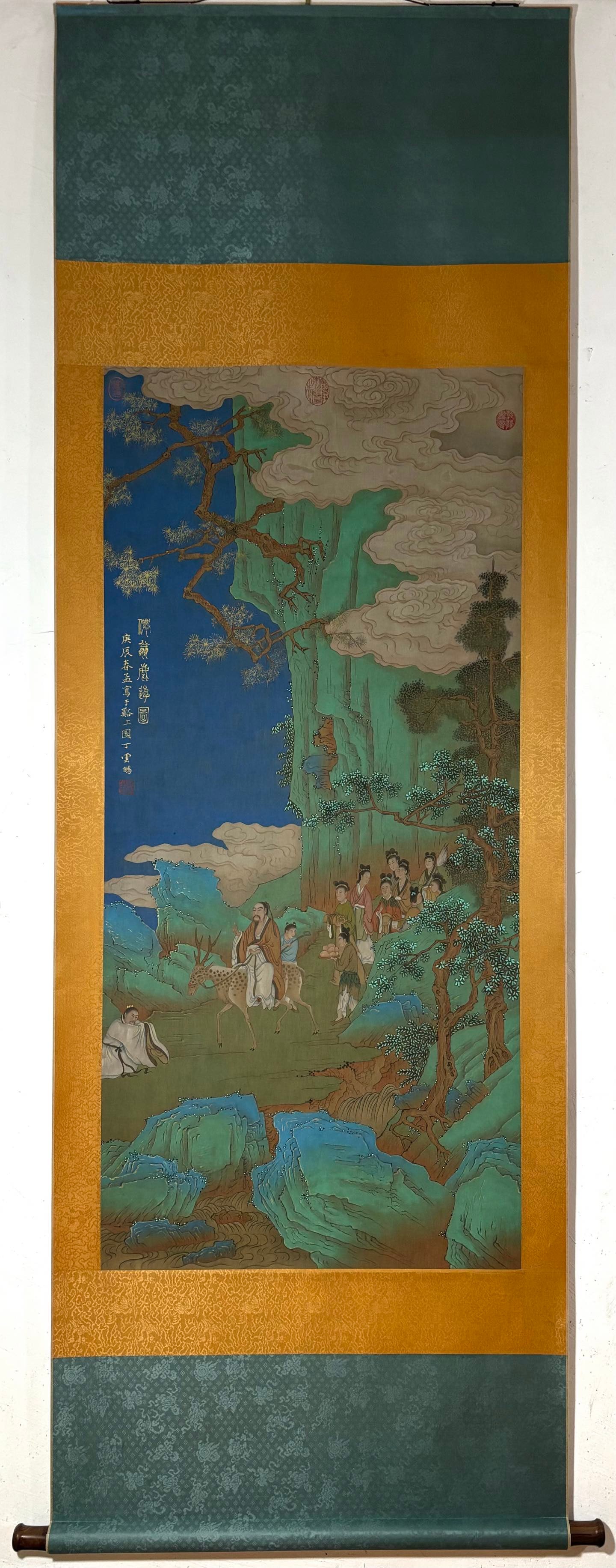 A Chinese Vertical Scroll Ink Painting of Character and Story on Silk: A Chinese Vertical Scroll Ink Painting of Character and Story on Silk,Ding Yunpeng,Size:50.6inx23.6in 一幅中国水墨绢本人物故事&#