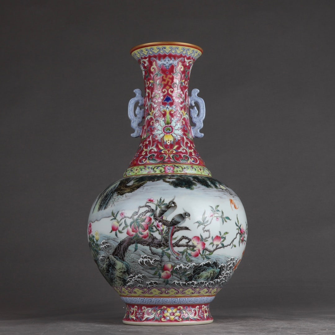 An Exquisite Ruby Red-Glazed Famille-Rose Flower and Bird Pattern Double-Ears Vase,with poem: An Exquisite Ruby Red-Glazed Famille-Rose Flower and Bird Pattern Double-Ears Vase,with poem,Qing Dynasty,China,Qianlong Six-character Mark,Size:13.2inx7.5in 