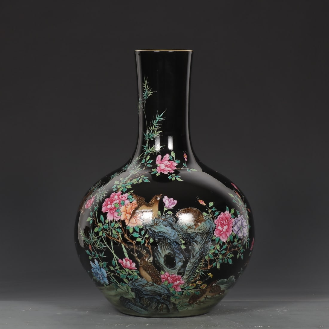 An Exquisite Ink Ground Famille-Rose Flower and Bird Pattern Vase,with Poem: An Exquisite Ink Ground Famille-Rose Flower and Bird Pattern Vase,with Poem,Qing Dynasty,China,Yongzheng Six-Character Mark,Size:13.6inx9.1in 