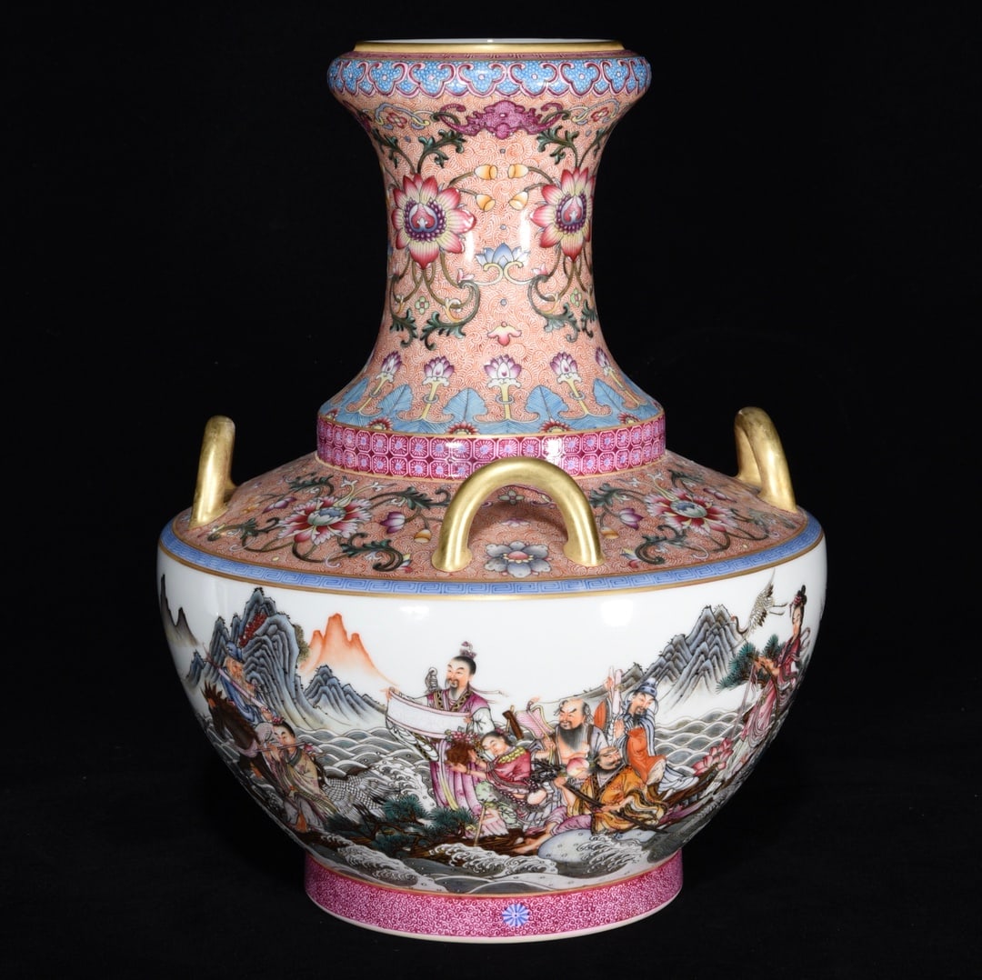 An Exquisite Famille-Rose Figure and Story Pattern Vase: An Exquisite Famille-Rose Figure and Story Pattern Vase,Qing Dynasty,China,Qianlong Six-Character Mark,Size:11inx8.7in 