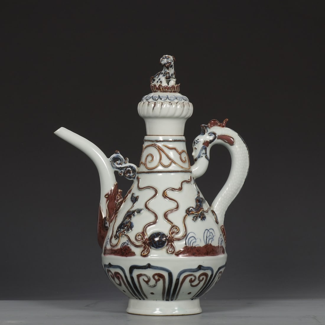 An Exquisite Blue and White Underglaze-Red Auspicious Beast Pattern Ewer: An Exquisite Blue and White Underglaze-Red Auspicious Beast Pattern Ewer,Yuan Dynasty,China,Size:12inx6.1in 