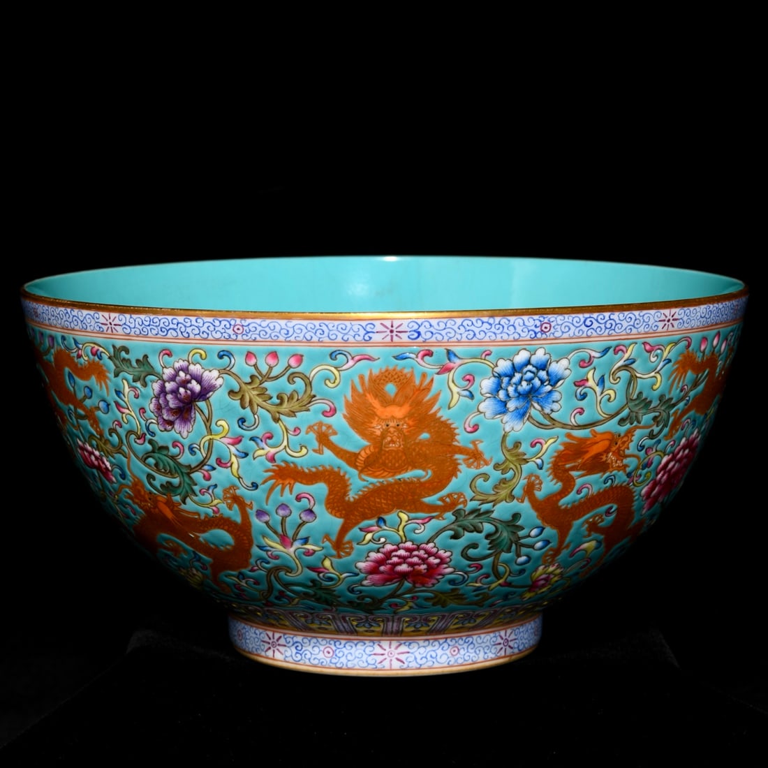 An Exquisite Turquoise Glazed Famille-Rose Painted Gold Flower and Dragon Pattern Bowl: An Exquisite Turquoise Glazed Famille-Rose Painted Gold Flower and Dragon Pattern Bowl,Qing Dynasty,China,Qianlong Six-character Mark,Size:4.3inx8.4in 