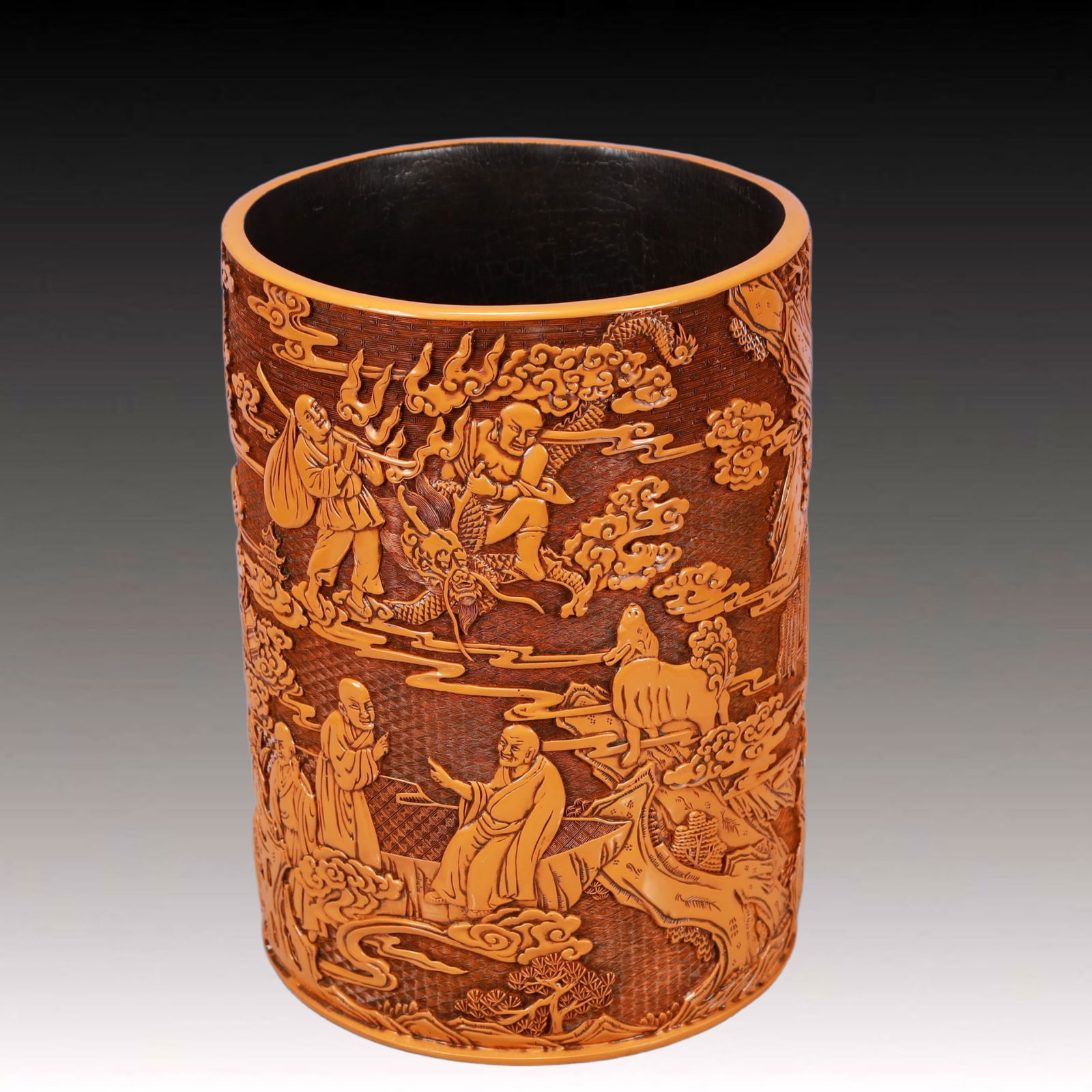 A Rare Yellow Lacquer Arhat Pattern Brush Pot: A Rare Yellow Lacquer Arhat Pattern Brush Pot,Qing Dynasty, China,Qianlong Six-character Mark,Size:10inx14in,Weight:4400g 