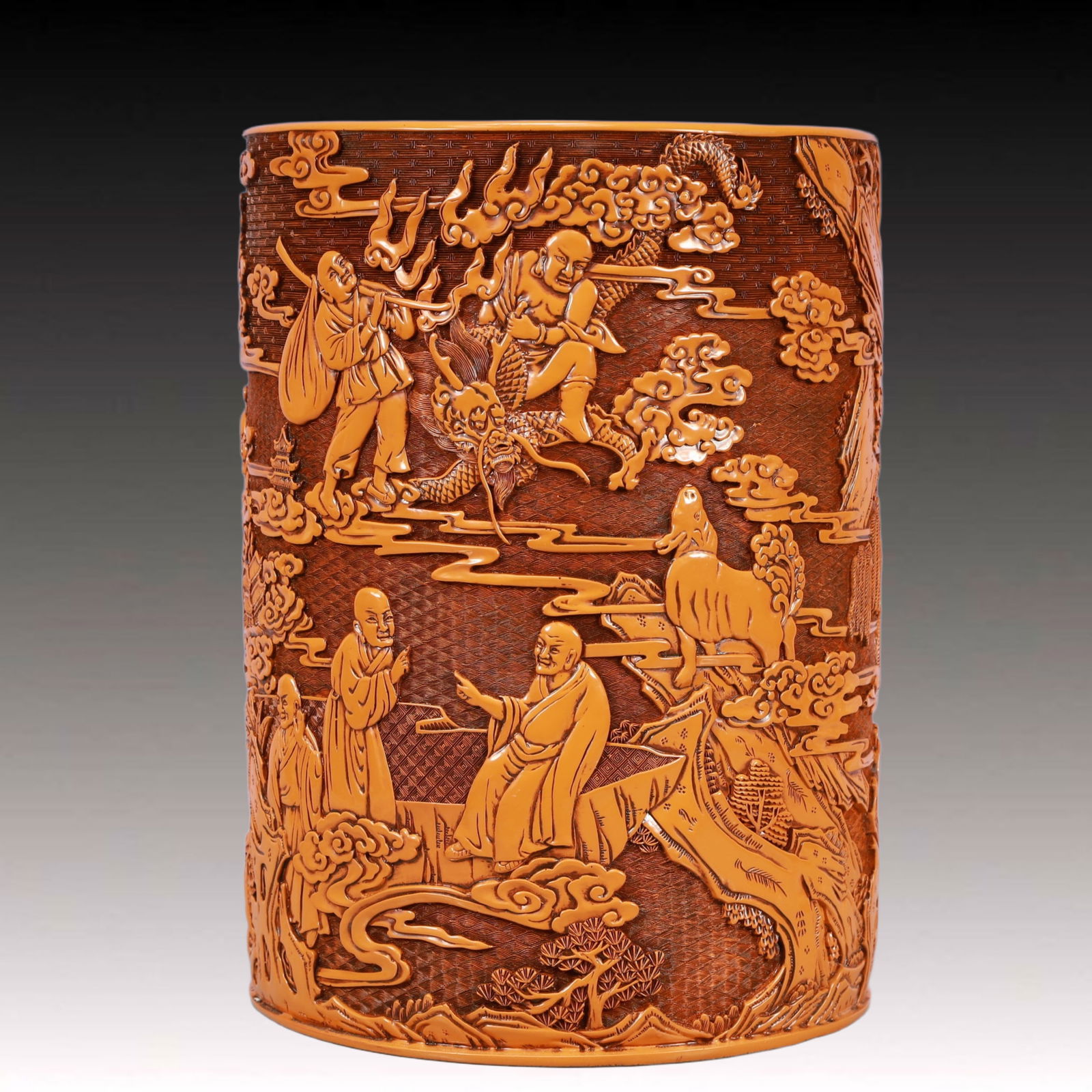 A Rare Yellow Lacquer Arhat Pattern Brush Pot - 2