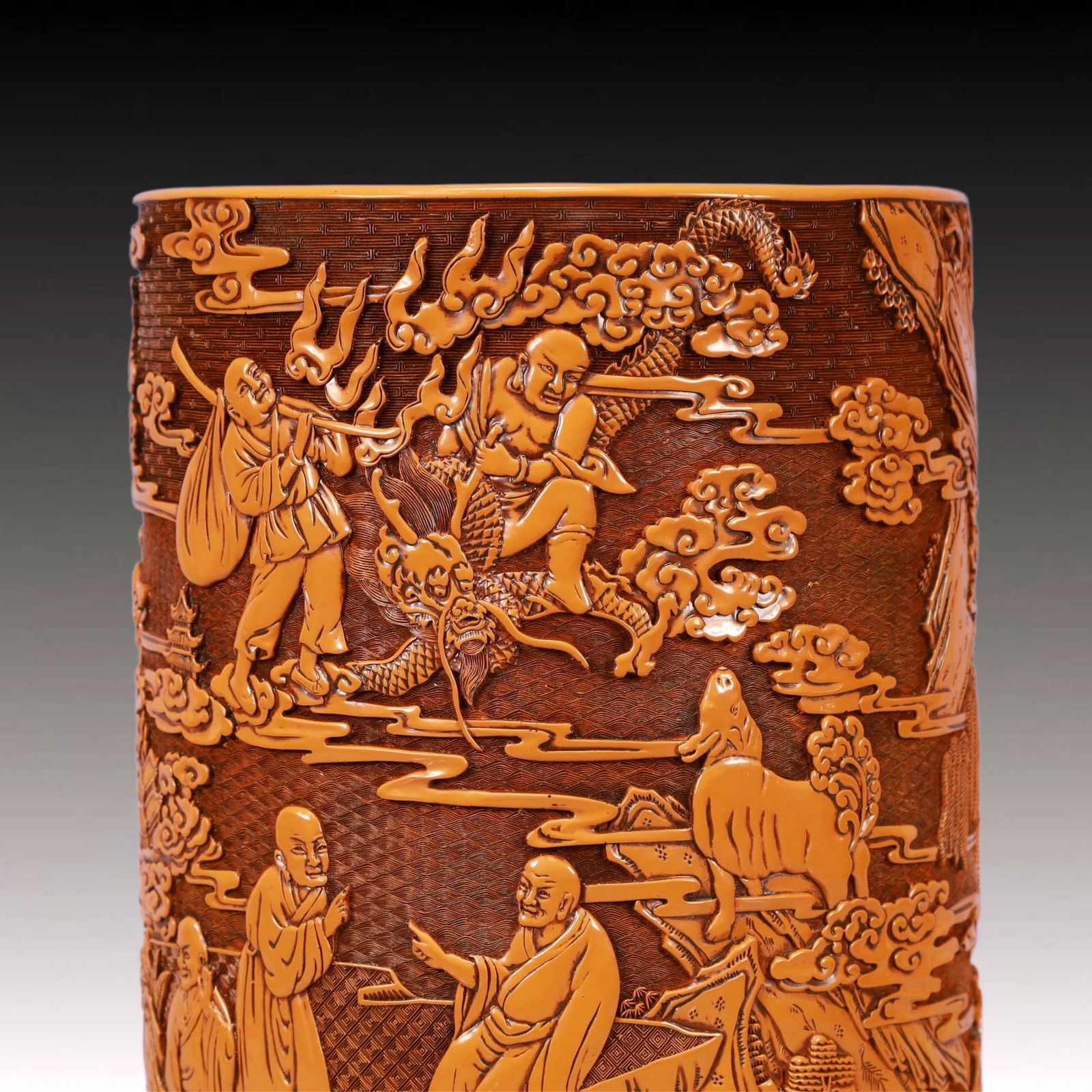 A Rare Yellow Lacquer Arhat Pattern Brush Pot - 3