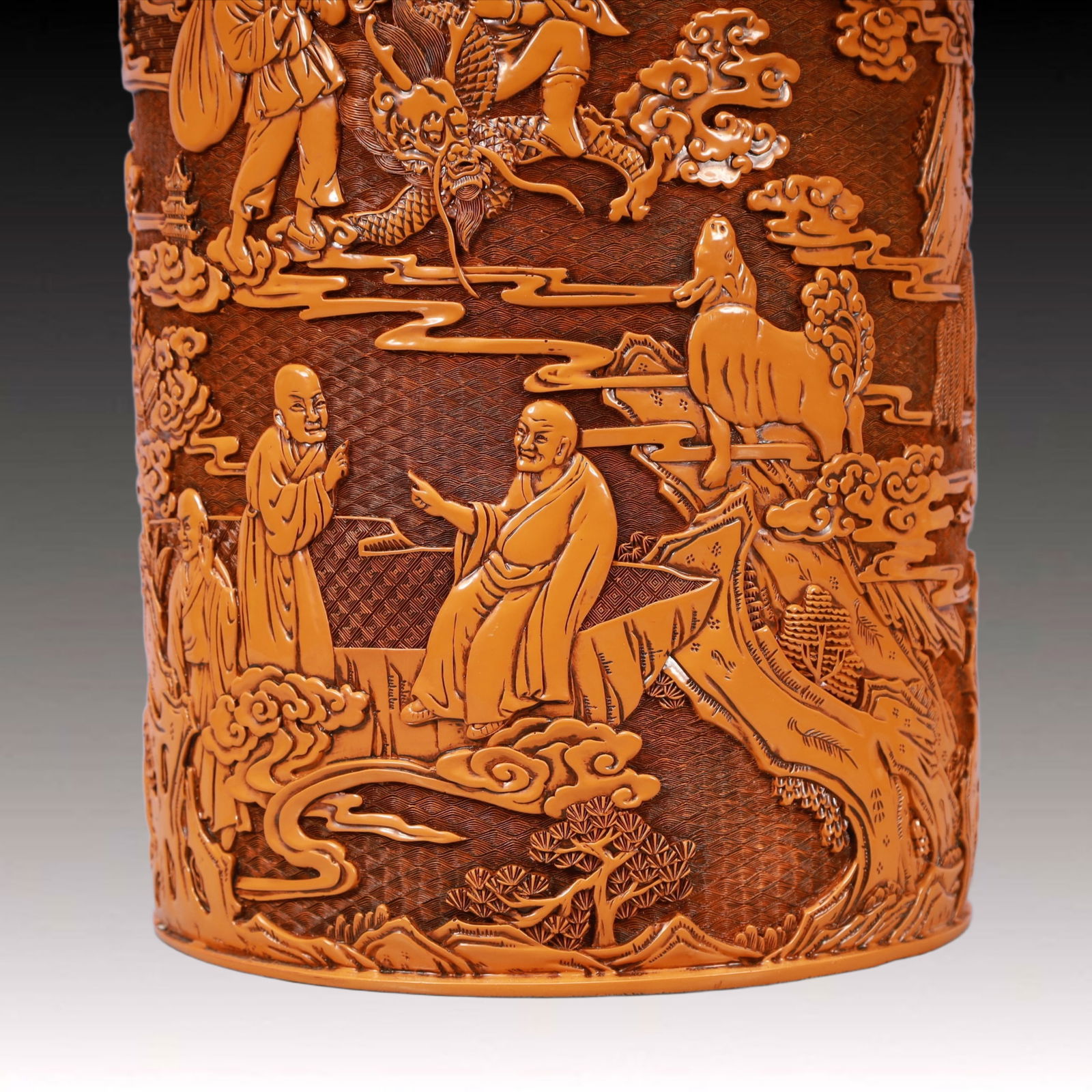 A Rare Yellow Lacquer Arhat Pattern Brush Pot - 4