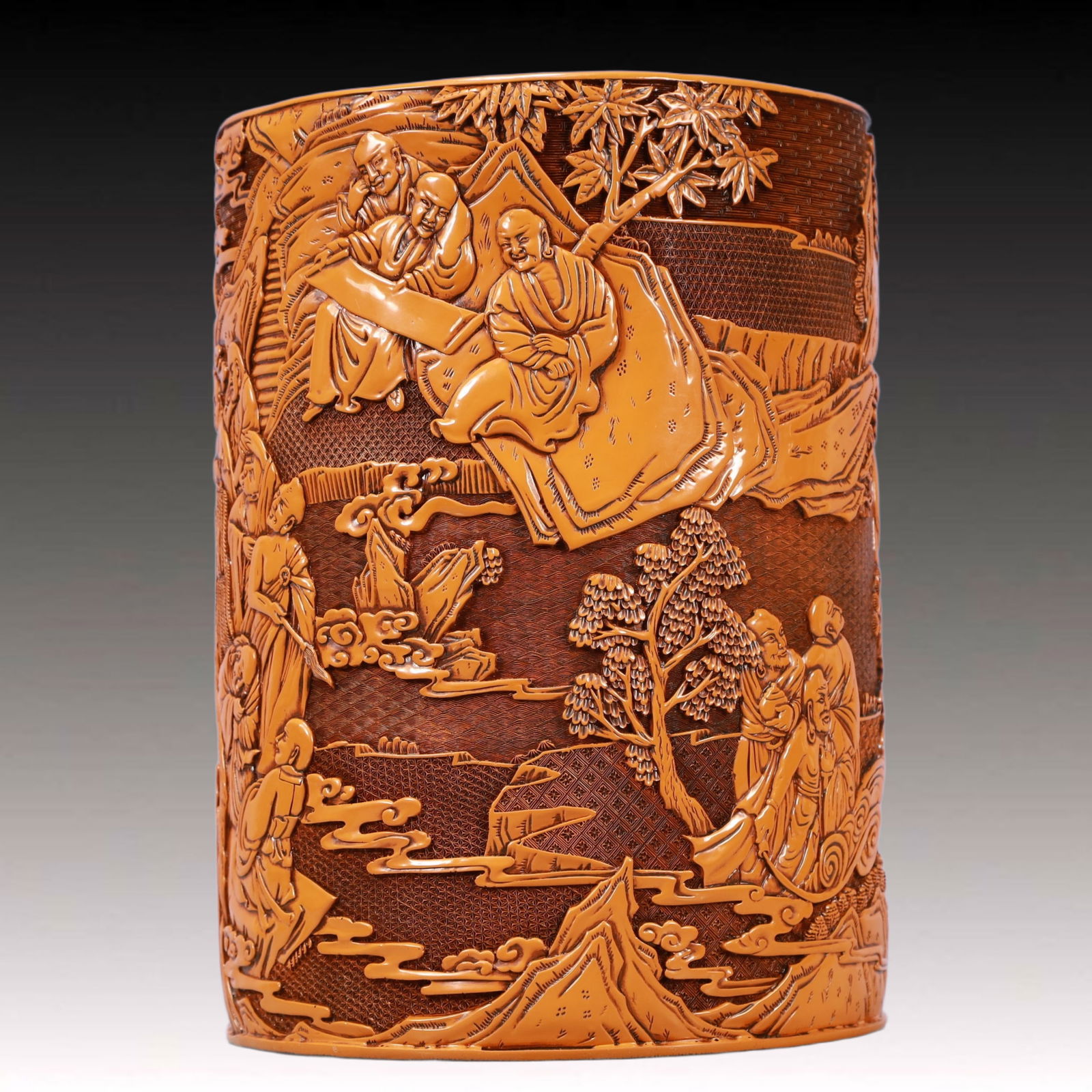 A Rare Yellow Lacquer Arhat Pattern Brush Pot - 6