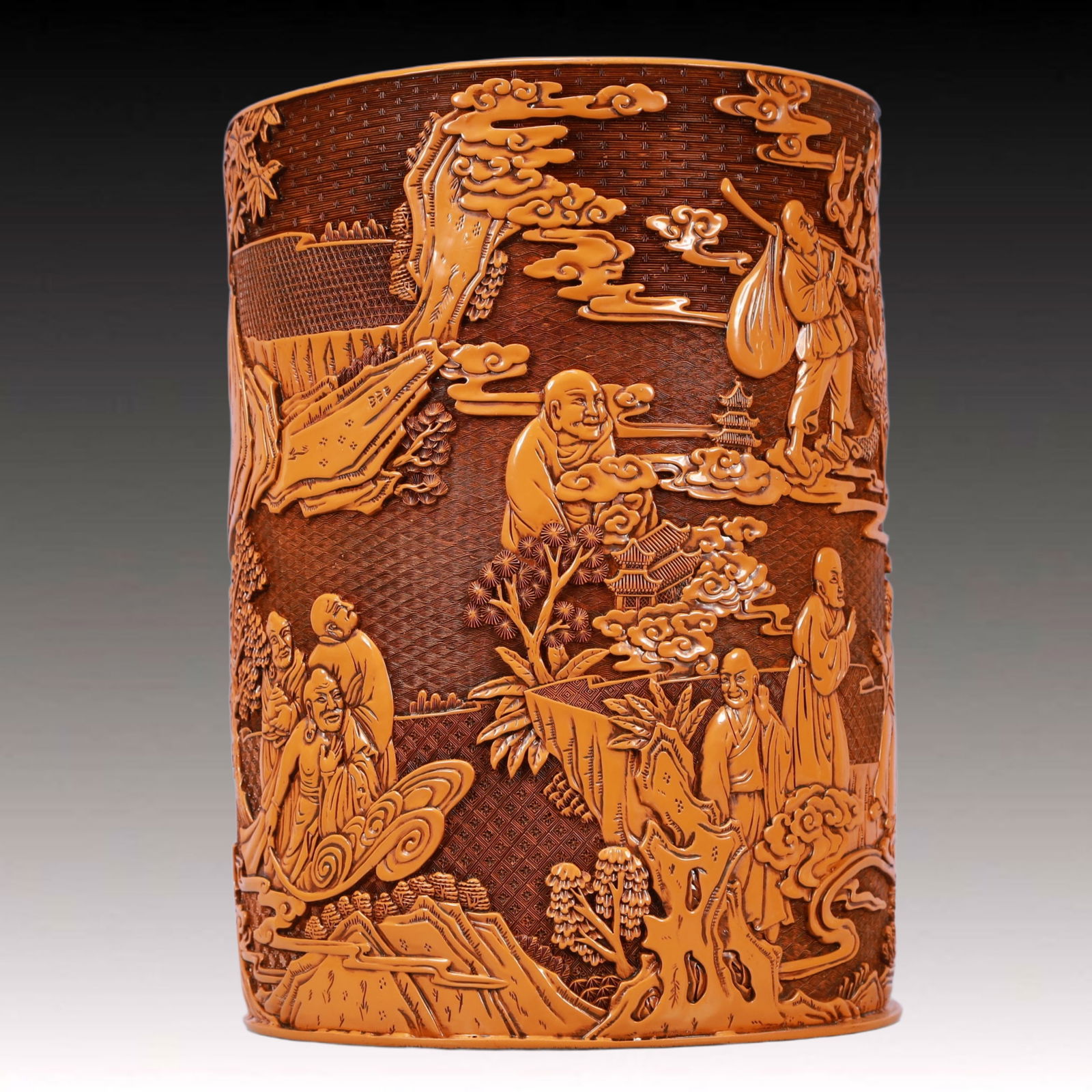 A Rare Yellow Lacquer Arhat Pattern Brush Pot - 7