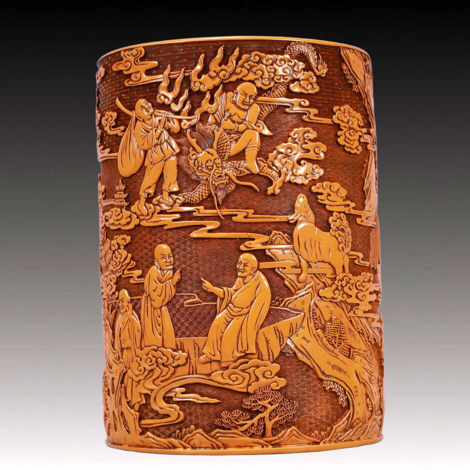 A Rare Yellow Lacquer Arhat Pattern Brush Pot - 8