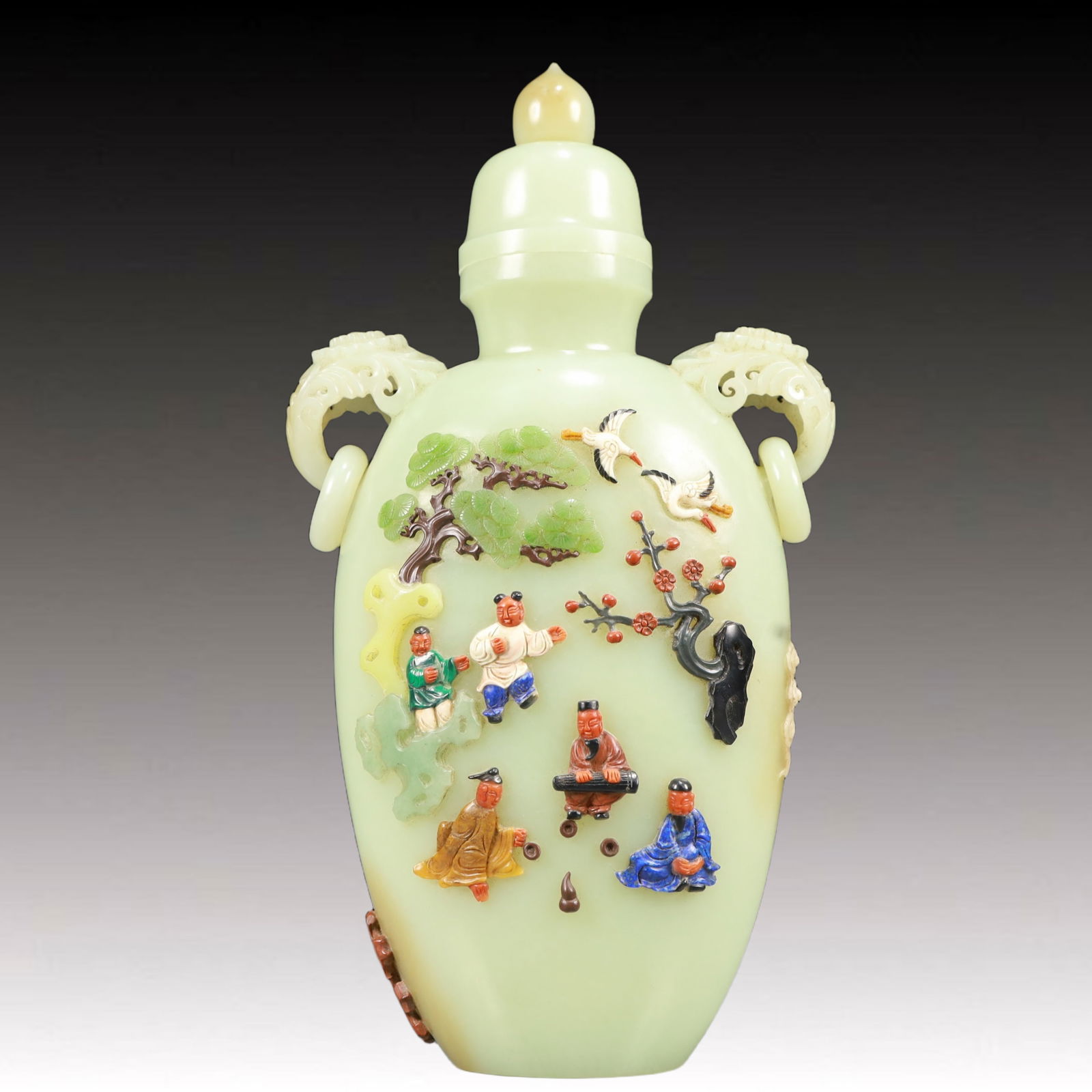 An Exquisite White Jade Inlaid Gems Figure Pattern Double-Ears Bottle: An Exquisite White Jade Inlaid Gems Figure Pattern Double-Ears Bottle,Qing Dynasty, China,Qianlong Four-character Mark,Size:5.9inx2.4inx10.6in,Weight:950g 