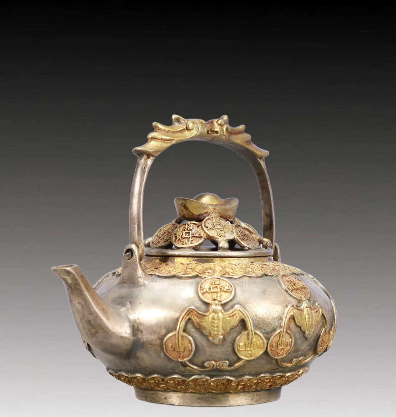 A Rare Gilt Silver Bats Pattern Teapot - 2