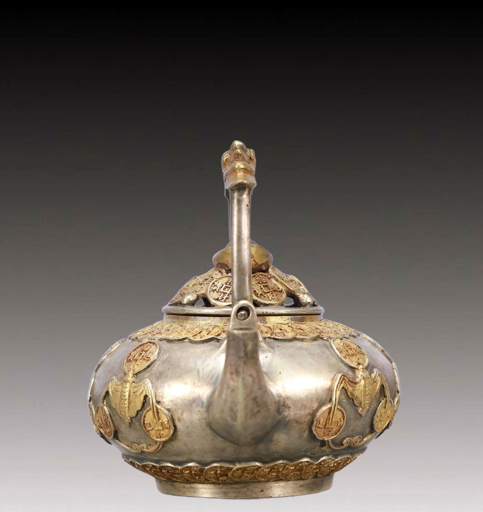 A Rare Gilt Silver Bats Pattern Teapot - 3