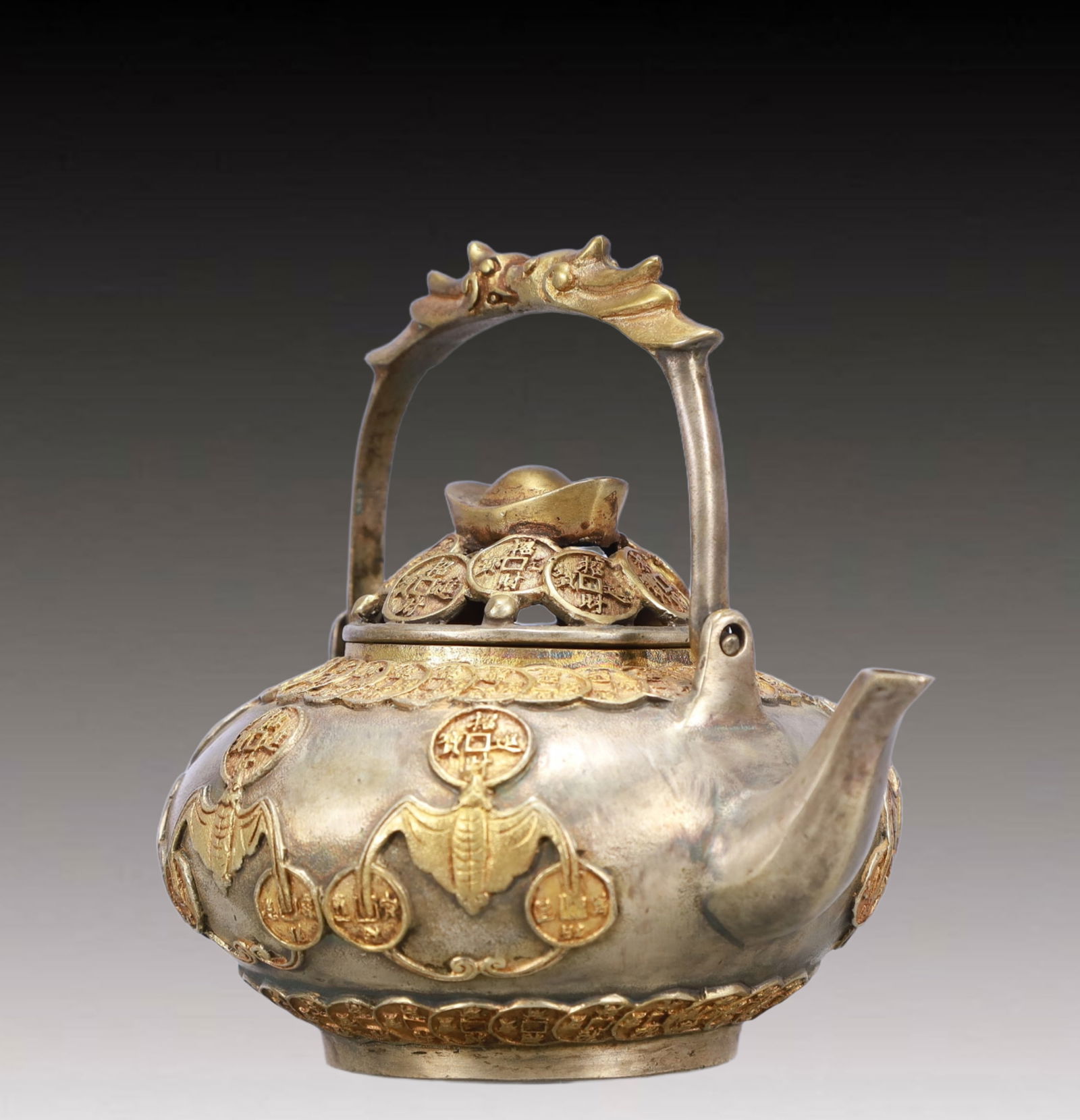 A Rare Gilt Silver Bats Pattern Teapot - 4
