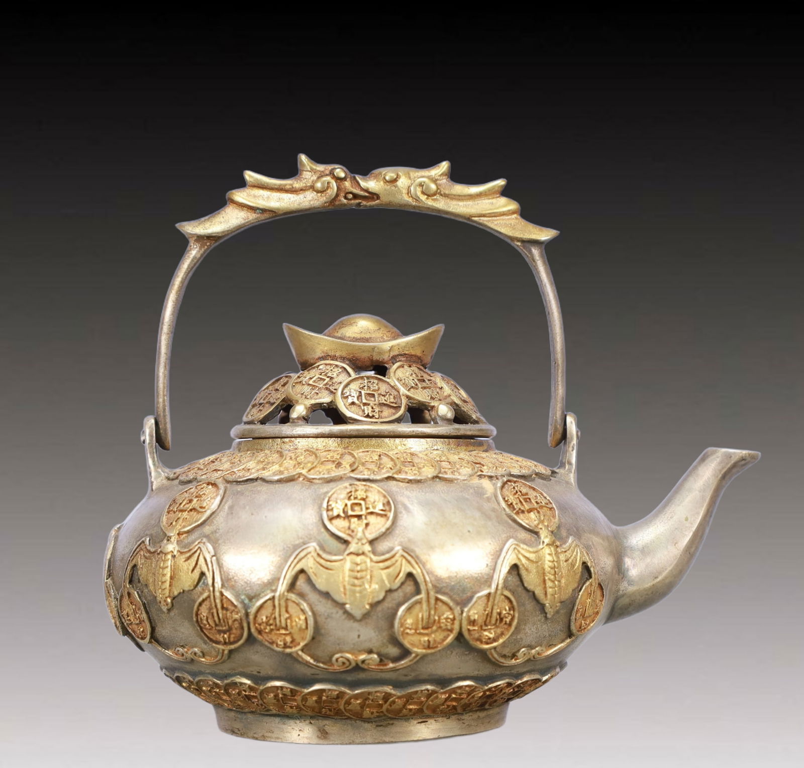 A Rare Gilt Silver Bats Pattern Teapot - 5