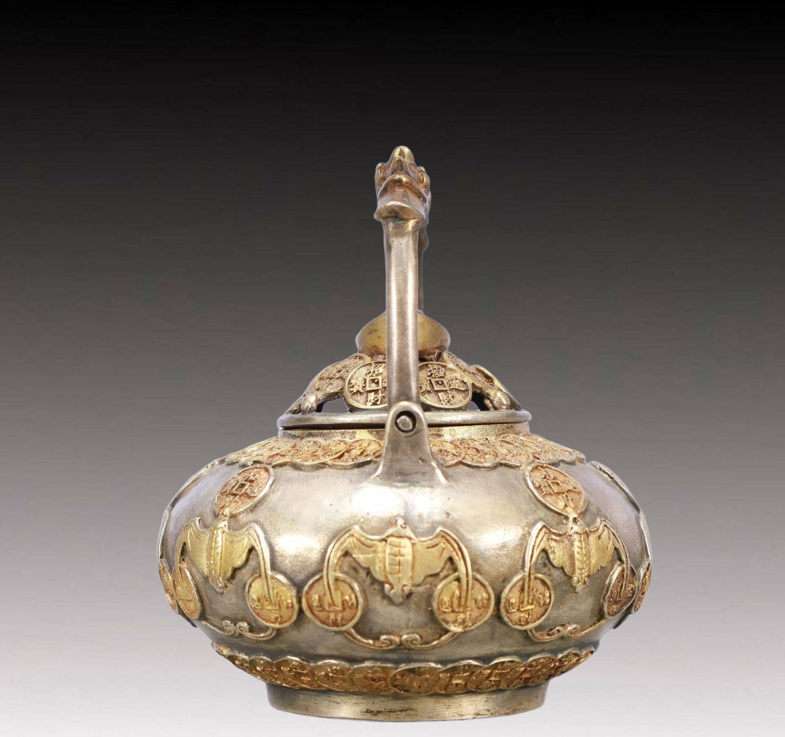 A Rare Gilt Silver Bats Pattern Teapot - 6